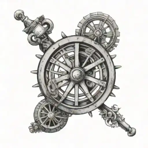 a carriage wheel with images of Brittany between the spokes  tattoo design idea