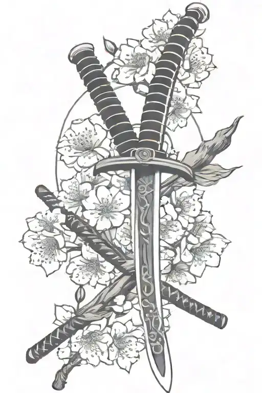 katana sword with cherry blossom tree branch tattoo design idea