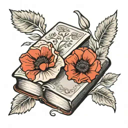 books with red poppies blooming tattoo design idea