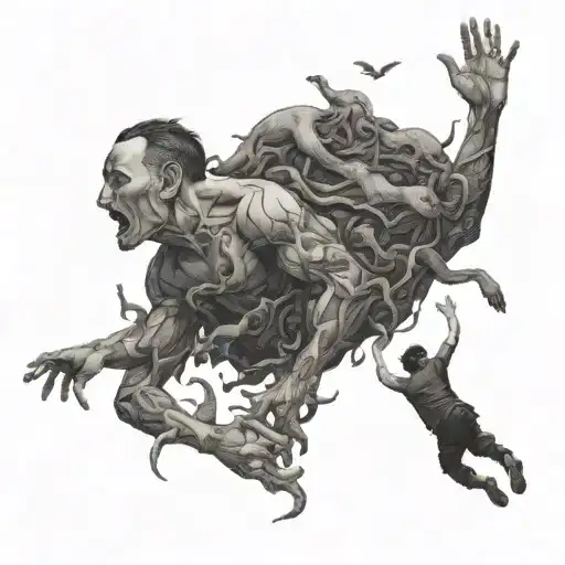 A man reaches up in an attempt to take something, while from below a mass of many creatures is trying to grab him, similar to tattoo design idea