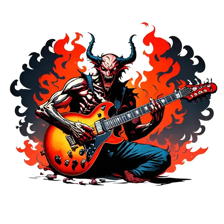A heavy metal inspired tattoo of a demonic figure playing an offset guitar made of bones, with smoke in the background tattoo design idea