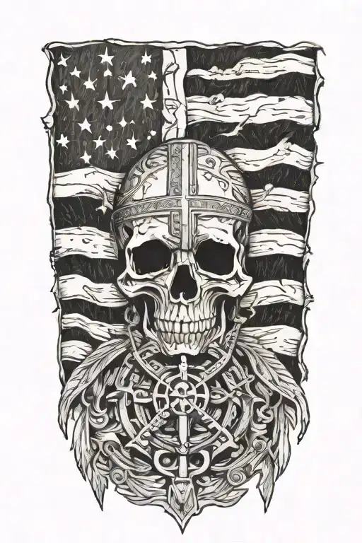 tattered flag, America, catholic. aztec tattoo design idea