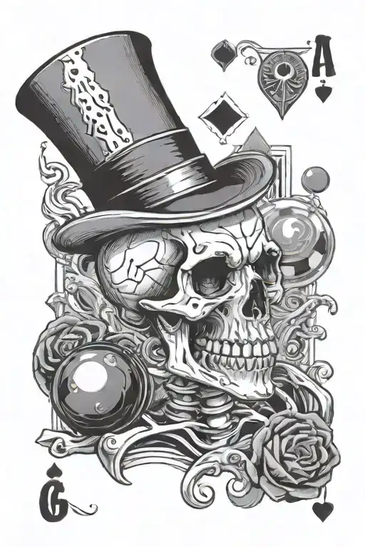 skeleton with magician hat and cards and eight ball tattoo design idea