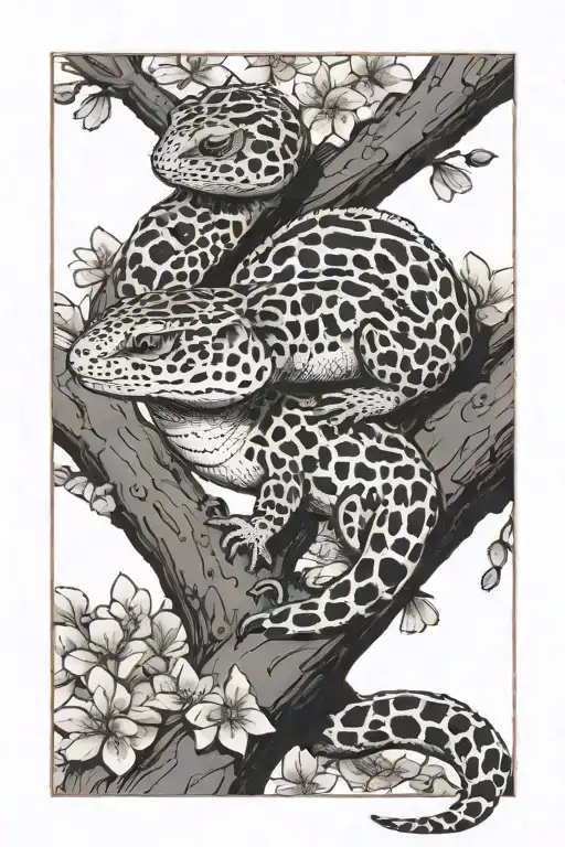 two leopard geckos on a branch with cherry blossoms at each end tattoo design idea