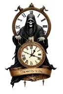 Grim Reaper With Clock with the words time waits for no one tattoo design idea