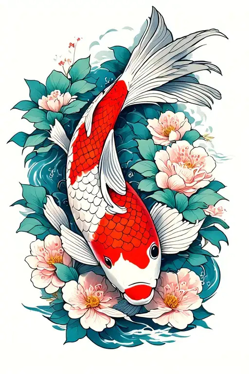 tori door, koi fish, sakura flower tattoo design idea