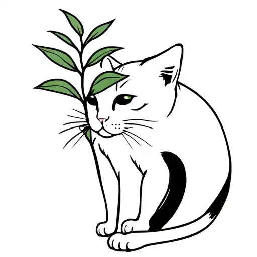 small cat eating a leaf of a potted jade plant leaves tattoo design idea