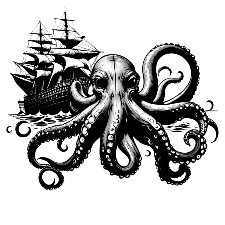 Giant Octopus with a clipper ship in stormy seas. tattoo design idea