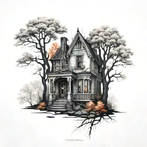 an abandoned gothic style house in the middle of the forest with autumn colors on the trees realism style tattoo design idea