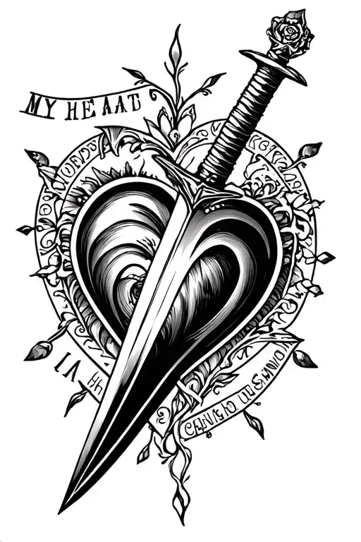 Create a spin tattoo  black and white of a dagger and a heart semi colon shaped and have the words “my heart had changed tattoo design idea