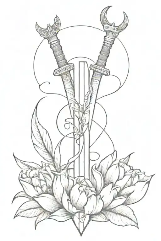 Sword wrapped with tulips with a crown at the centre and the letter "R" in the background tattoo design idea