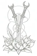 Sword wrapped with tulips with a crown at the centre and the letter "R" in the background tattoo design idea