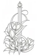 Sword wrapped with tulips with a crown at the centre and the letter "R" in the background tattoo design idea