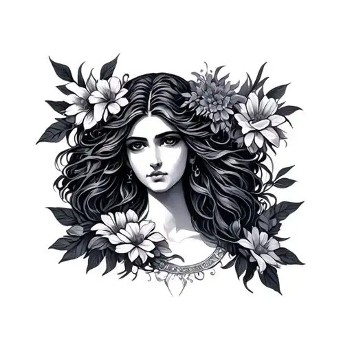 virgo and aquarius goddess with flowers tattoo design idea