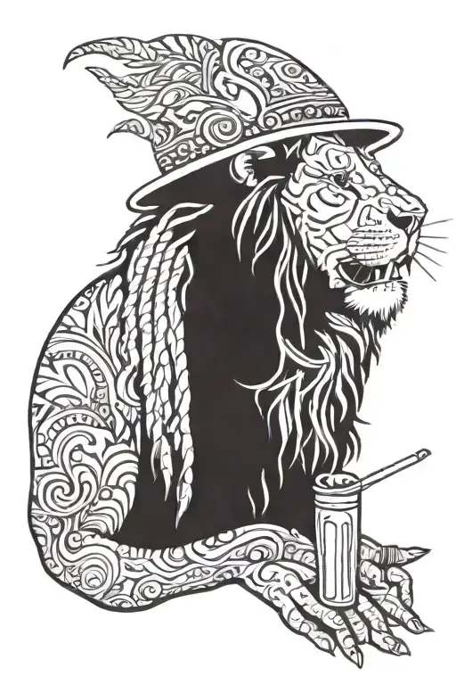 A reggae-inspired tattoo featuring a lion wearing a Rasta hat and smoking a joint tattoo design idea