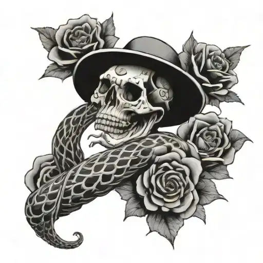 snake skeleton and flowers tattoo design idea