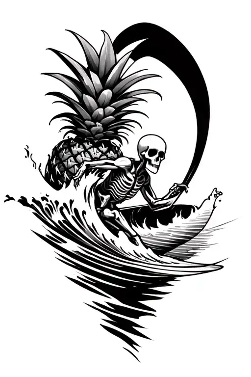 wave forming from Hawaiian tribal pineapple and a skeleton surfing that wave tattoo design idea