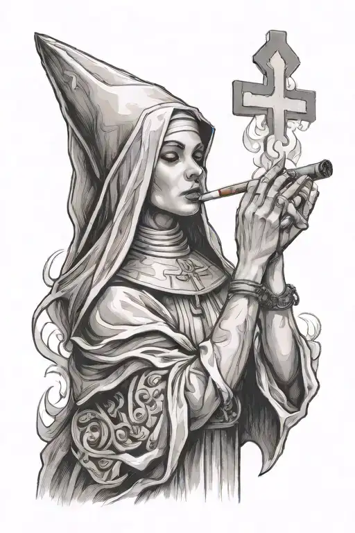 Smoking young nun with cigarette in hand looking forward tattoo design idea