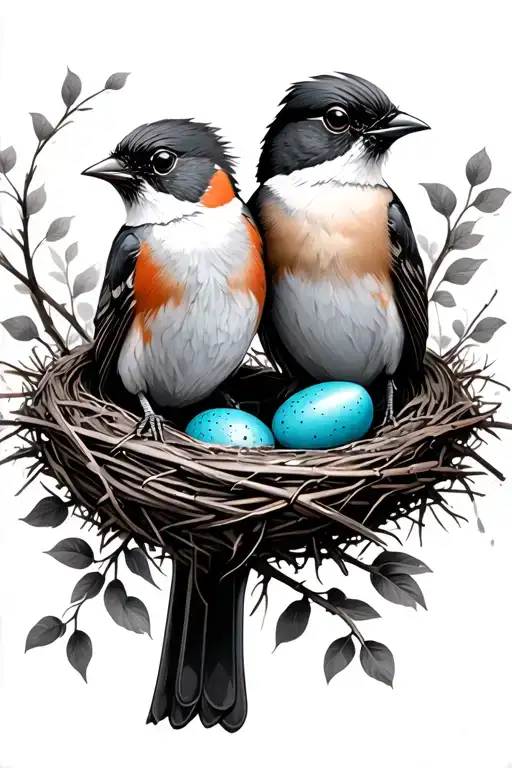 two robins in nest with two blue eggs tattoo design idea