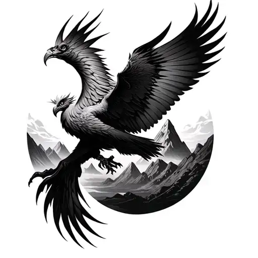 Aggressive phoenix flying and mountains and mandala tattoo design idea