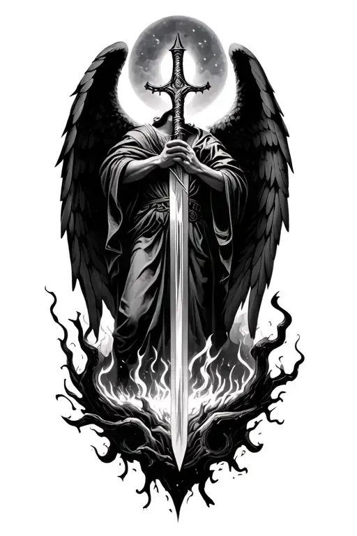 angel holding a sword downward with hell beneath him and heaven above tattoo design idea