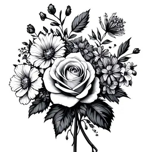 crysantheumum, rose, honeysuckle, violet and primrose bouquet tattoo design idea