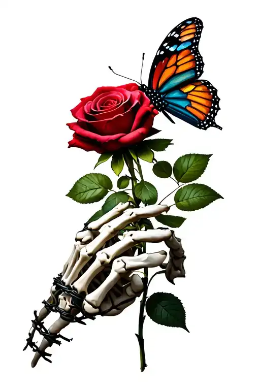 butterfly resting on rose, rose being held by skeleton hand, wrapped in barbed wire tattoo design idea