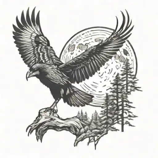 Raven, deer buck, cascade mountains, moon tattoo design idea