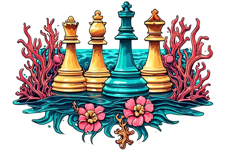 chess pieces in coral reef tattoo design idea