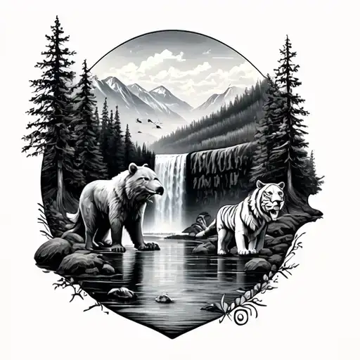 forest, water waterfall, eagle, bear, tiger, wolf, lion, nature tattoo design idea