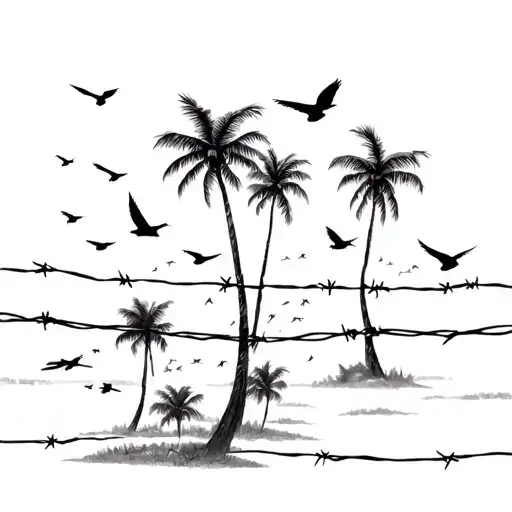 loose barbed wire with multiple palm trees and flock of birds during a storm suicideboys style tattoo design idea