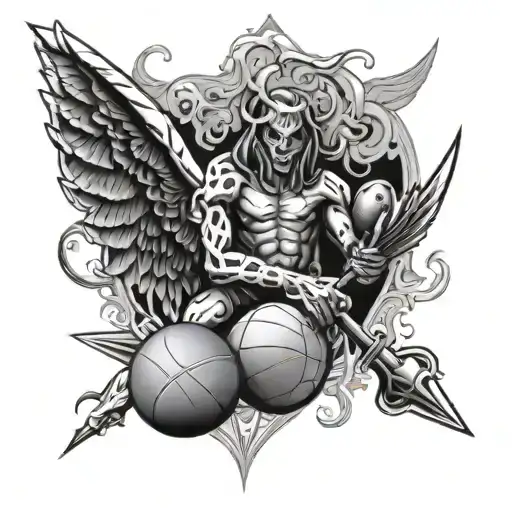 Fire rabiit, in 1987,Aces card, dices, Basketball ball, Angel and the shadow of angel is demon tattoo design idea