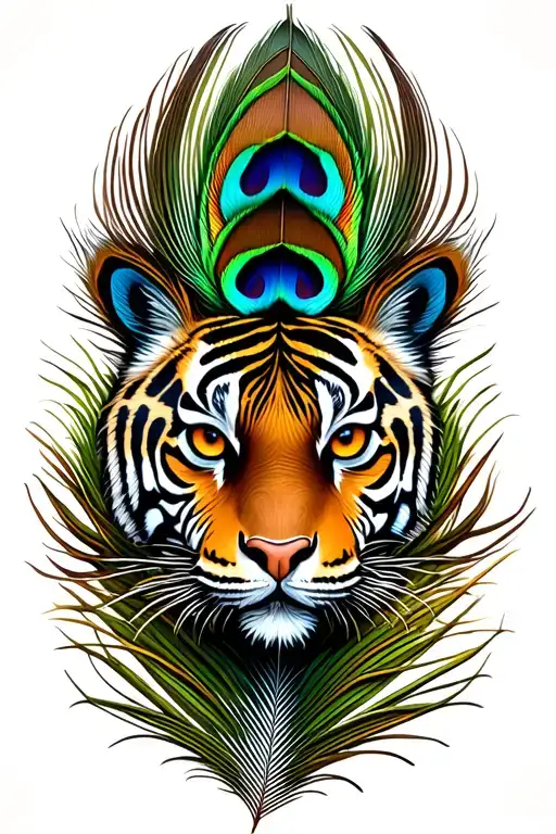 peacock feather with tiger face tattoo design idea