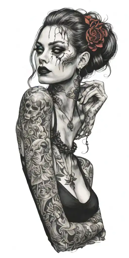 goth vampire women full sleeve trash polka tattoo design idea