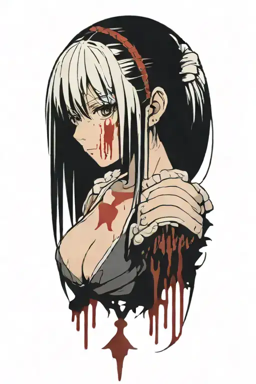 Dark Souls with hair with pigtails with blood on face Shoulder portrait tattoo design idea