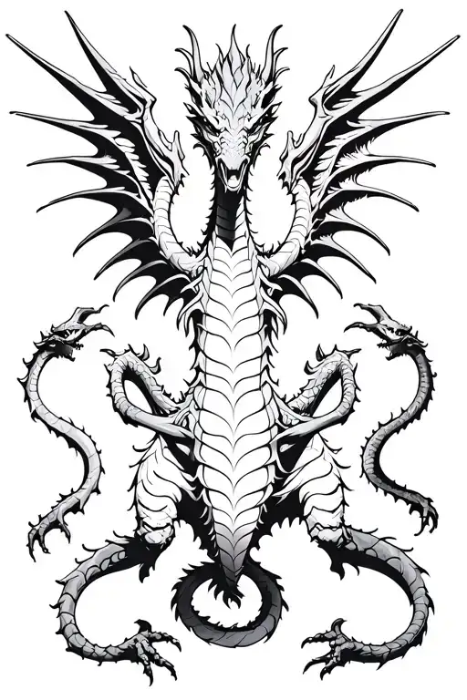 an elemental hydra dragon with four legs, twelve wings, nine heads, three tails tattoo design idea