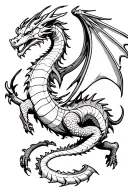 an elemental hydra dragon with four legs, twelve wings, nine heads, three tails tattoo design idea