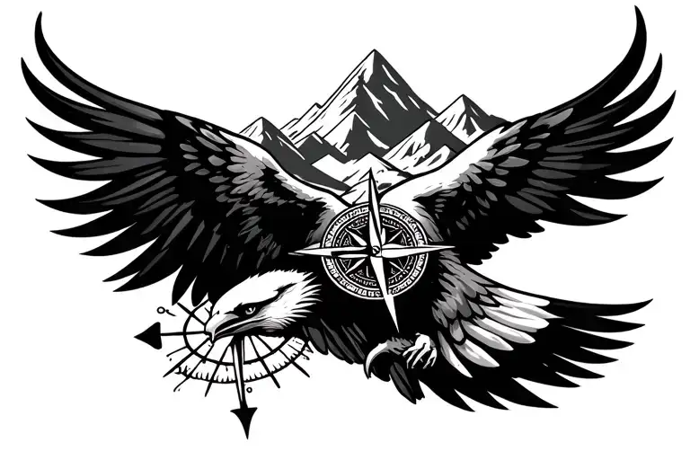 Create an atm band tattoo design which consists of an eagle with compass, mountain and a karma infinite loop tattoo design idea