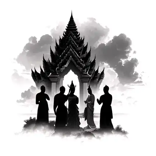 cambodia scenery with silhouette of 3 monks and an apsara female looking down from sky tattoo design idea