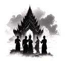 cambodia scenery with silhouette of 3 monks and an apsara female looking down from sky tattoo design idea
