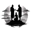 cambodia scenery with silhouette of 3 monks and an apsara female looking down from sky tattoo design idea