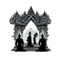 cambodia scenery with silhouette of 3 monks and an apsara female looking down from sky tattoo design idea