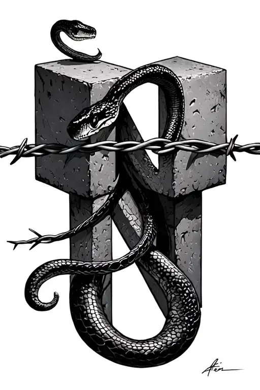 barbed wire, snake, snakeskin, concrete cubes, N letter tattoo design idea