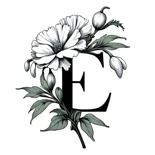 carnation and snowdrop flowers with the letter e tattoo design idea