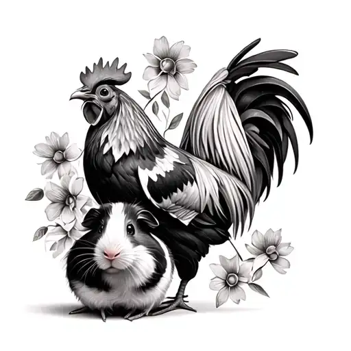 rooster and Guinea pig with flowers tattoo design idea