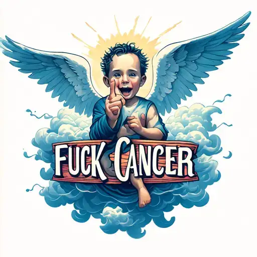 "Fuck Cancer" hyperrealistic short cute charub floating through a big storm lighting clouds showing his middle finger tattoo design idea
