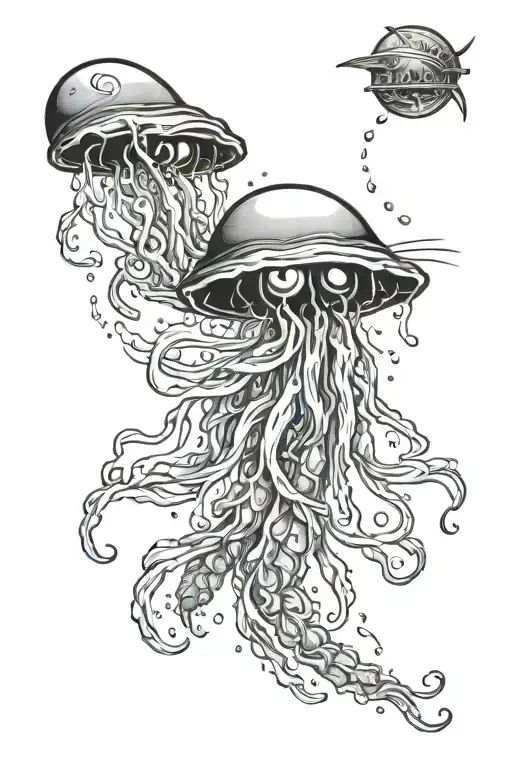 crying eye watching a jelly fish fly off into space tattoo design idea