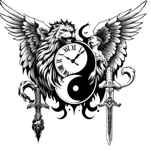aggressive lion, imam ali sword, angel of death and angel, ying yang, time clock tattoo design idea