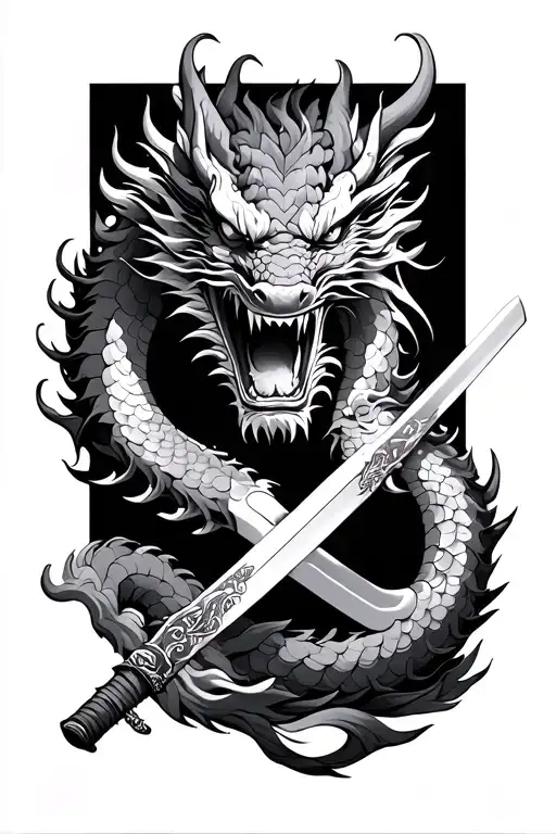 japanese dragon with katana sword tattoo design idea