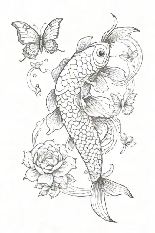 koi fish, butterflies and flowers intertwined tattoo design idea